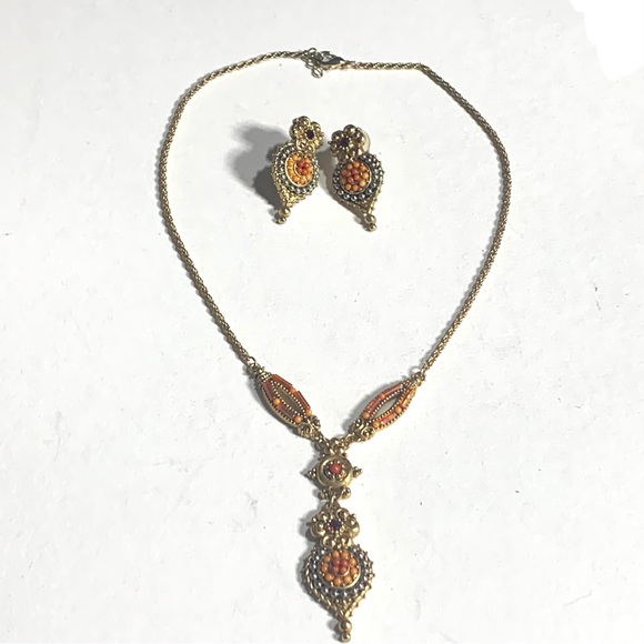 Coral Beaded Y Drop Pendant Necklace & Earrings Set Ornate Faux Garnets - Picture 3 of 8